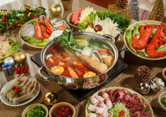 A hotpot with various ingredients.